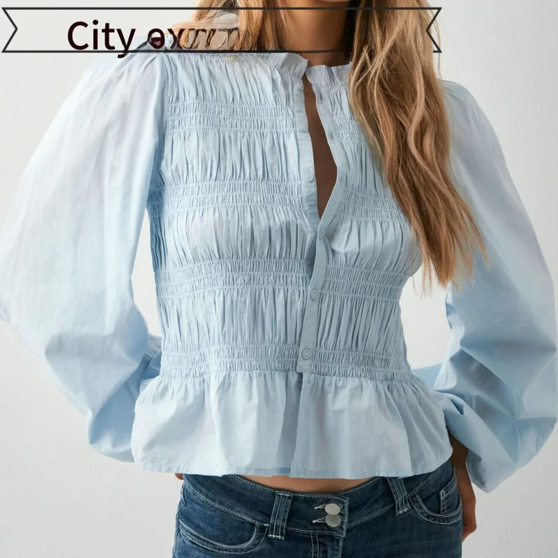 

Женская приталенная кружевная блузка-топ с пуговицами, однотонная, универсальная, с длинными рукавами-фонариками, тонкая, с комбинированными вставками