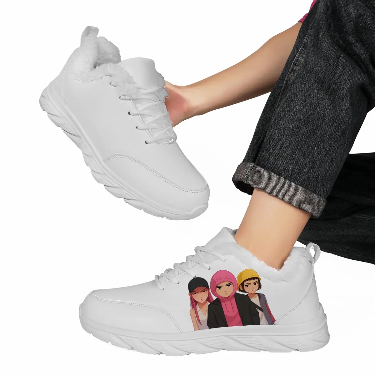 2025 حذاء رجالي شتوي مبطن بالفرو أحذية رياضية مع طباعة أنيمي مقاوم للماء المشي أحذية رياضية الترفيه الذكور أحذية رياضية جلدية