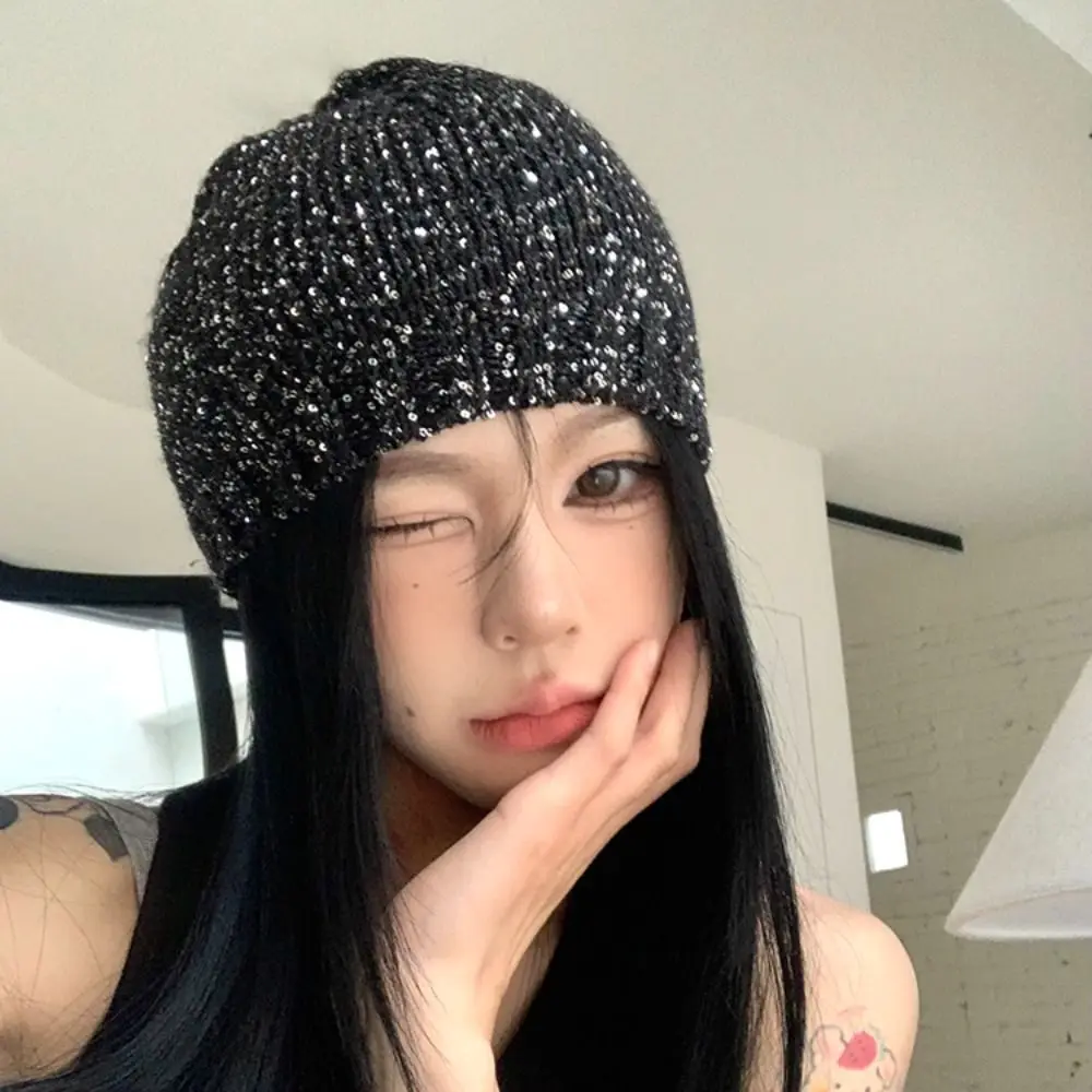 Casual Vintage Sequin Knitted Hat Hollow Thin Beanie Hat Bowknot Woven Cap Streetwear