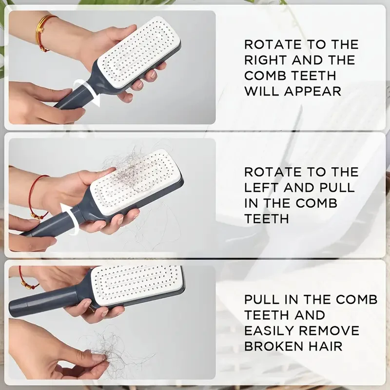 فرشاة شعر ذاتية التنظيف للنساء، فرشاة شعر نظيفة بنقرة واحدة مع شعيرات قابلة للسحب، مشط تدليك فروة الرأس المضاد للكهرباء الساكنة