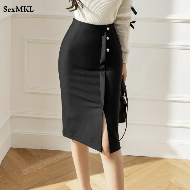 

S-5XL Sexy Black Skirt Women 2024 Fashion Elegant High Waist Bodycon Pencil Skirts Korean Style Office Lady Midi Skirt for Work