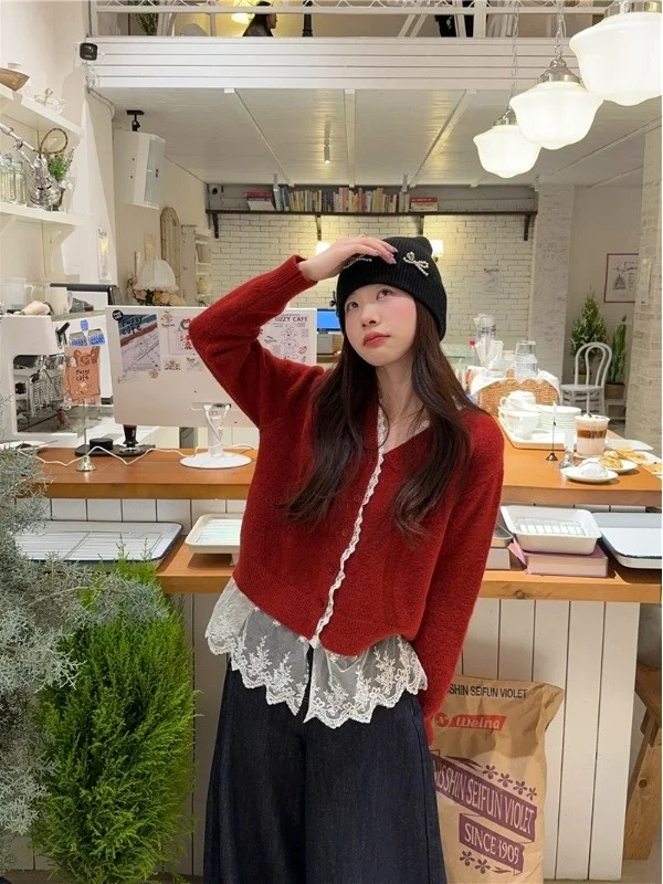 

Retro Patchwork Lace Knitwear Jacket Women's Summer New Gentle Style V-neck Knitted Open Cardigan Soft Medium Thickness Sprin...