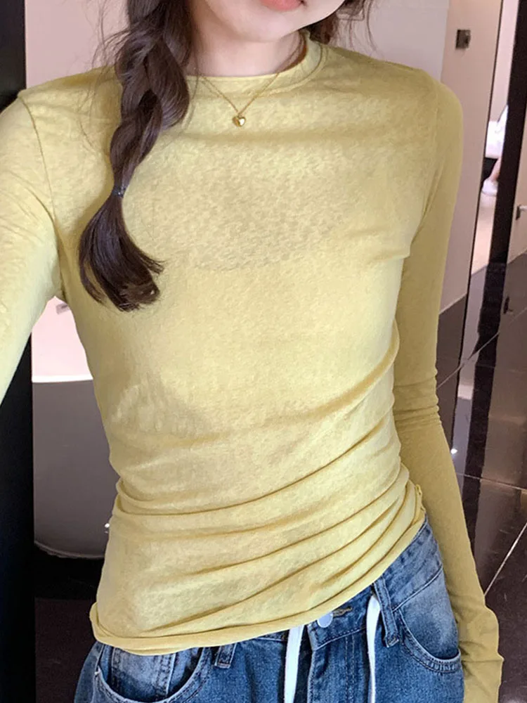 

2024, весенне-осенняя футболка, женские топы, однотонные облегающие футболки с длинным рукавом и круглым вырезом, женские повседневные уличные футболки высокого качества