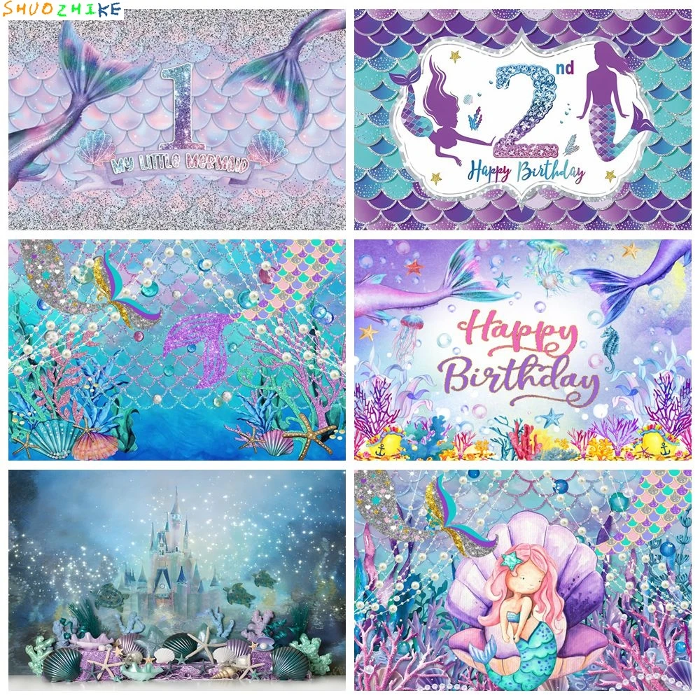 

Mermaid Birthday Party Backdrop for Girls Tail Seabed Scales Shell Princess Baby Shower Photography Background Decor Photo Props