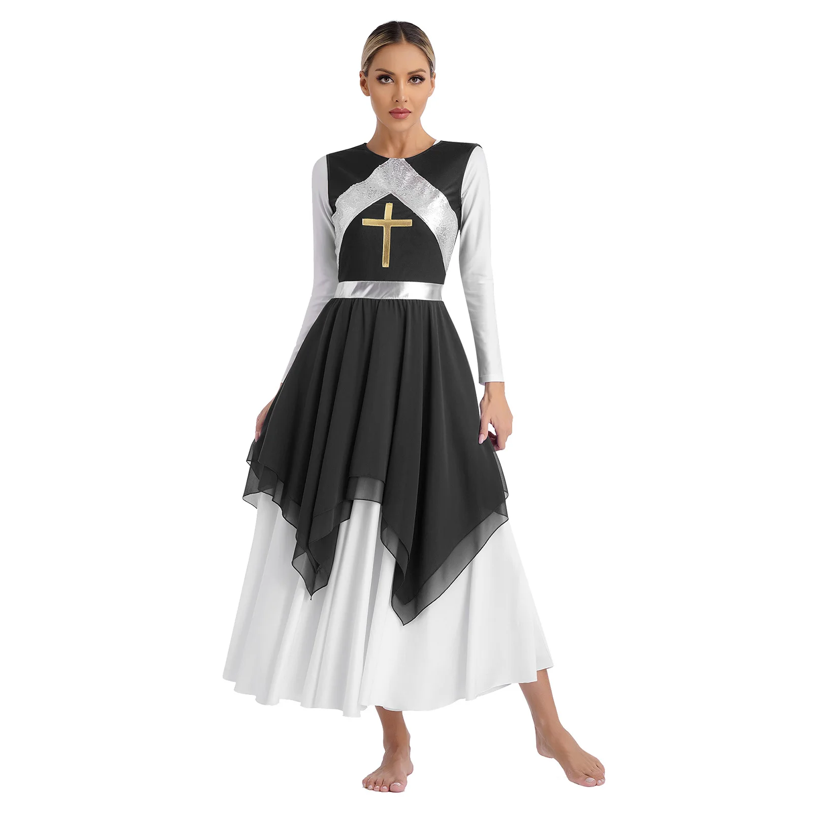 Womens Liturgical Praise Ballet Lyrical Dance Performance Costume Metallic Shiny Irregular Dress Gymnastics Ballet Dancewear