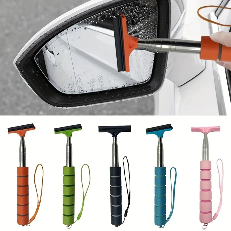 1pc Stainless Steel ，Telescopic Car Rearview Mirror Wiper with， Retractable Layered Brush Head - Handheld Window Cleaning Tool .