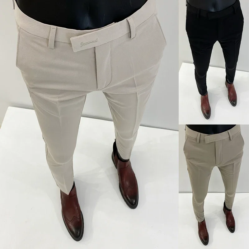 Homens terno calças calças formais pantalone hombre estiramento fino cor sólida vestido casual calças de comprimento total moda novas roupas masculinas