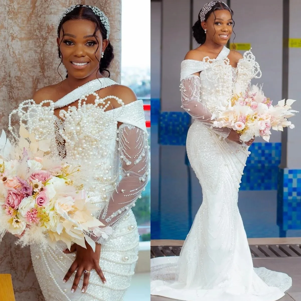 Customized Mermaid Bride Bridal Gowns Plus Size One Shoulder Beaded Lace Pearls Tassel Wedding Dress