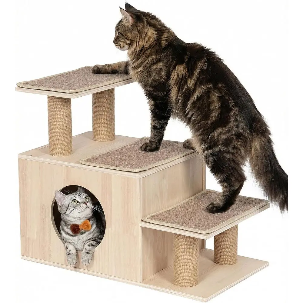 

Tri-Functional Wooden Cat Stairs with 7.87 Depth, Elevated Bed Access, and Scratching Post, Including Non-Slip Carpet Pads