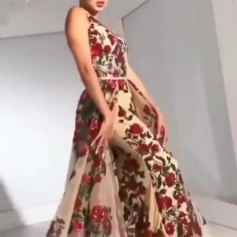New Style Summer Sexy V Neck Strapless Halter Sleeveless Dress Women Chiffon Print Long Skirt evening dress Vestidos