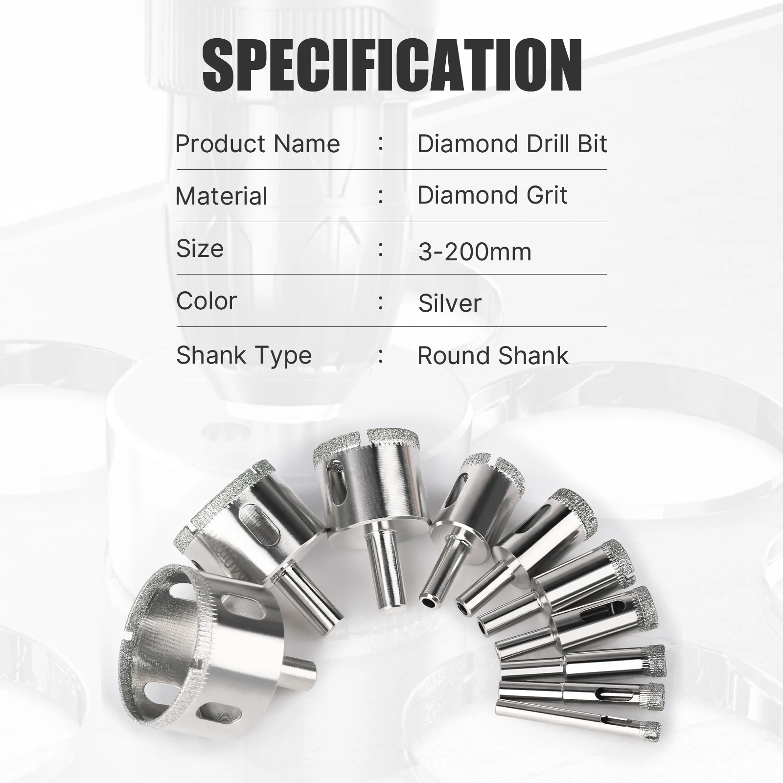 3-200mm Diamond Coated Core Drill Bit Round Shank Wet Drilling Hole Saw for Glass Tile Marble Granite Ceramic with Chip Removal