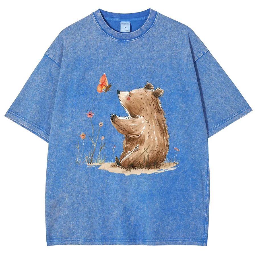 Cartoon Hand Painted Brown Bear Print   T-Shirt Washed Oversized Loose Fashion Short Sleeve Unisex Retro Faux Denim Top