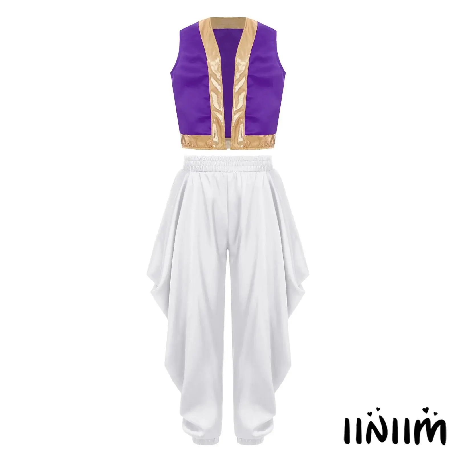 

Kids Boys 2 Pieces Arabian Prince Role Play Costumes Loose Vest with Satin Dhoti Loose Long Pants Set Halloween Carnival Costume