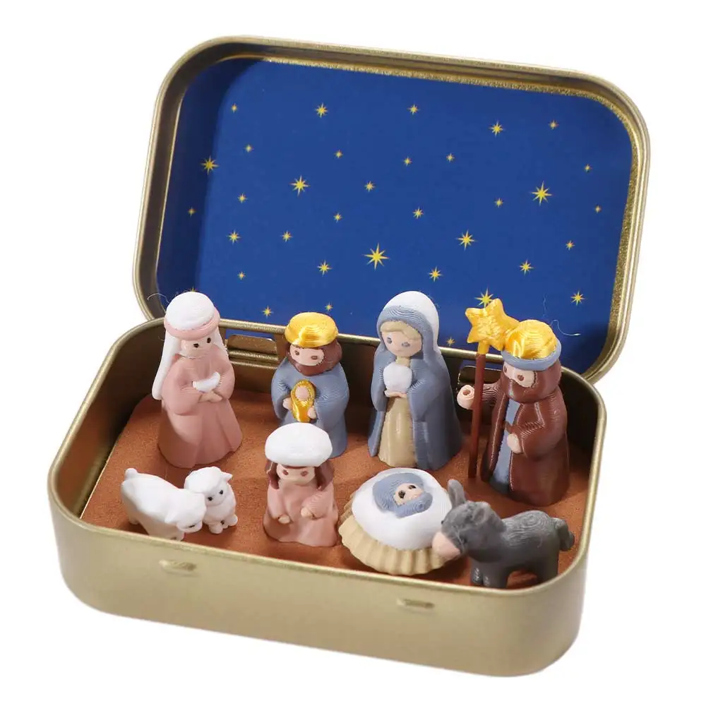 Metal Tin Box Mini Christmas Trough Set Hand Painted Holy Family Xmas Manger Ornaments 3D Printed Shepherd Animal