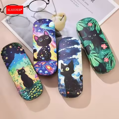 KLASSNUM Cartoon Kitten Pattern PU Leather Eyeglasses Accessories Storage Box Reading Glasses Case Box Portable Anti-pressure