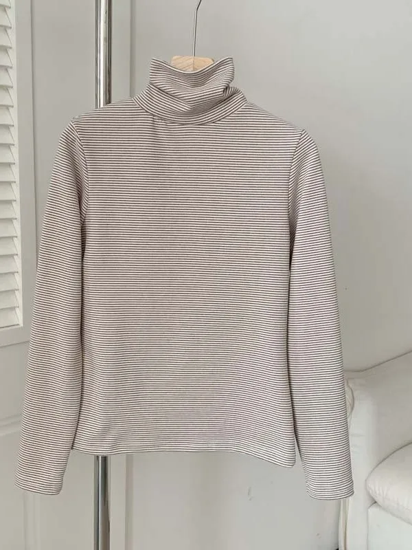 Warm Fleece Lined High Collar Striped Base Shirt Women's Winter Casual Slimming Fashionable Long Sleeve Top for Coat