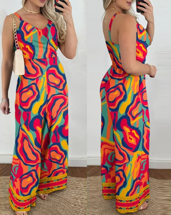 

Women's V-Neck Jumpsuit 2024 Spring/summer Strap Baroque Leopard Multi-Color Abstract Print Spaghetti Wide Leg Romper Bodysuit