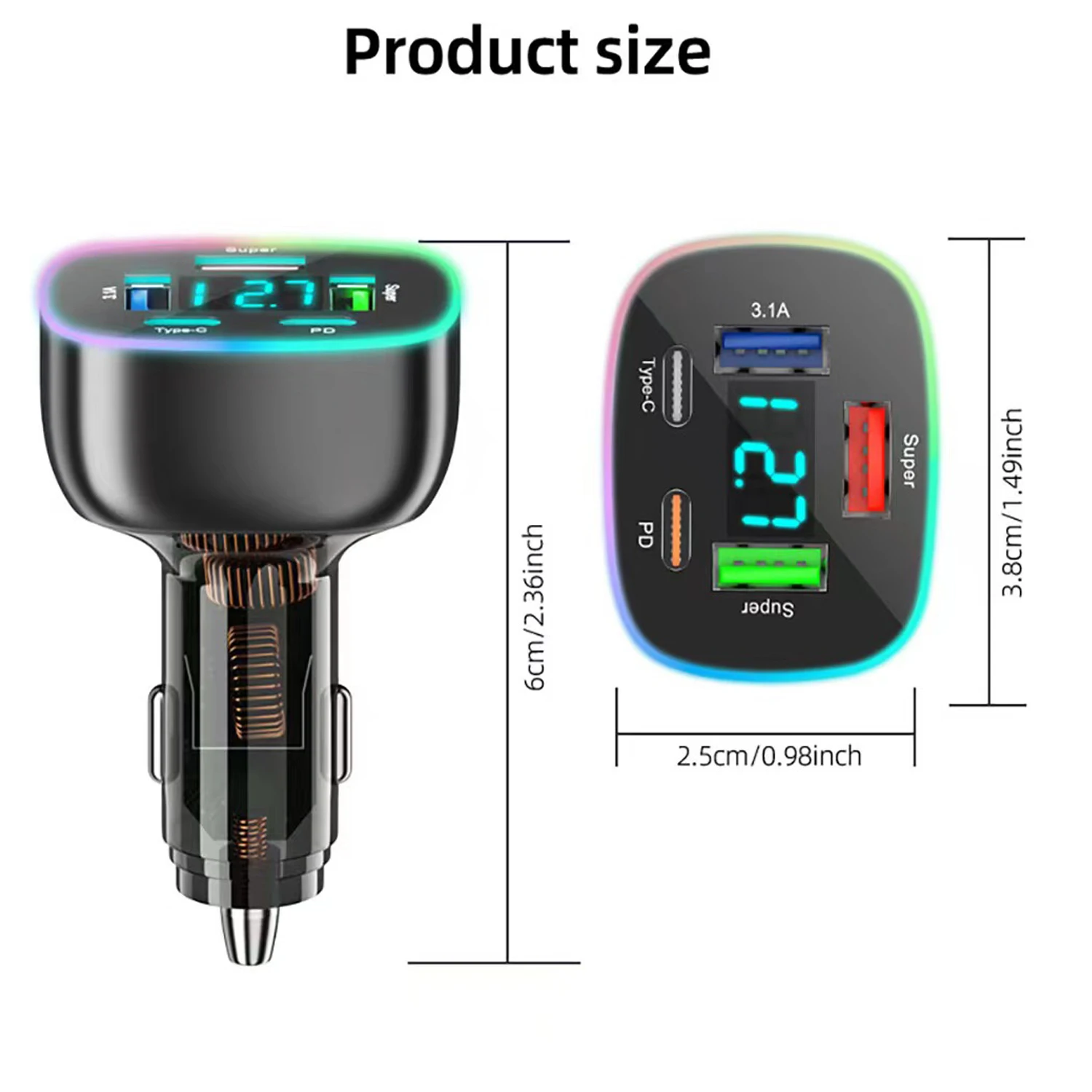 PD30W 5 Ports 90W 5 in 1 LED Voltage Display Car Charger Car Cigarette Lighter for iPhone 1615/14/13/12/11 Xiaomi Huawei Samsung