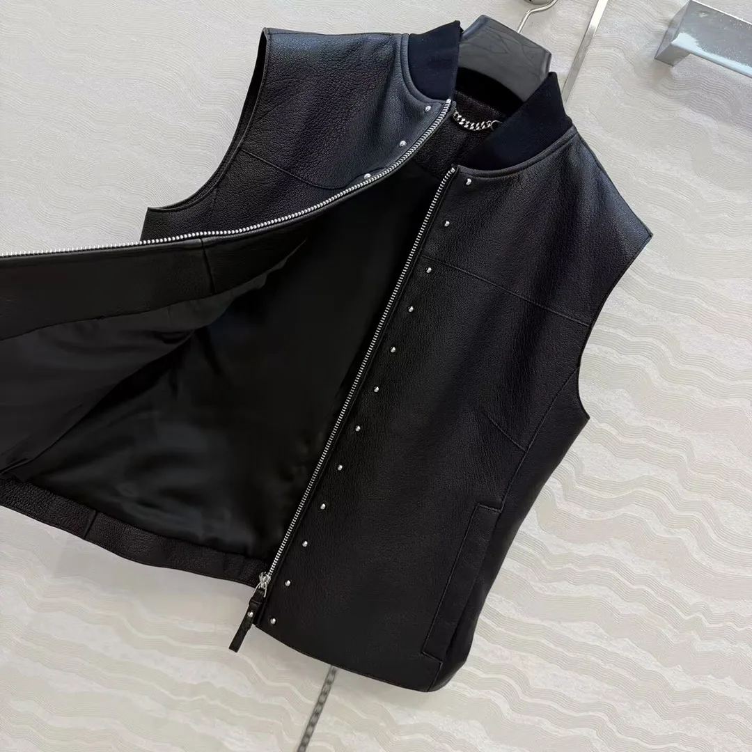 Chaleco Corto de Piel de Oveja 100% de Alta Calidad, Diseño Negro, Cuello Redondo, Sin Mangas, Cierre de Cremallera, Remaches, Estilo Vintage para Mujer