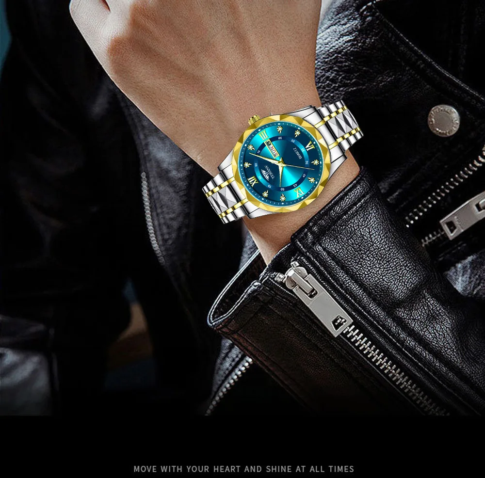 시계 남자 달력 다이아몬드 케이스 빛나는 방수 패션 간단한 쿼츠 시계 솔리드 스트랩 남자에게 적합