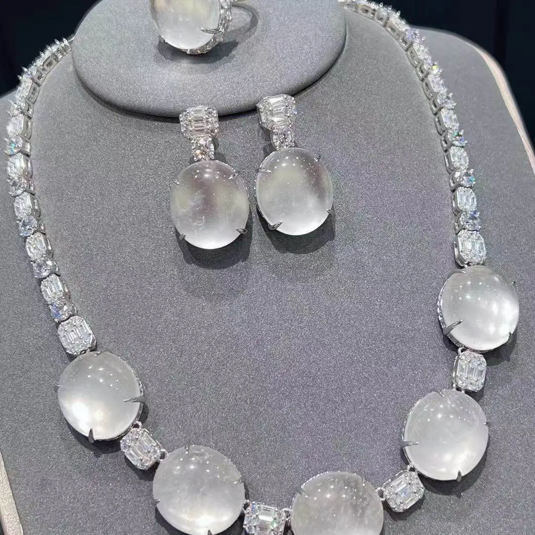 925 sterling silver jewelry set necklace earring and ring watermoss jade cabochon light luxury elegant oval gemstone gift