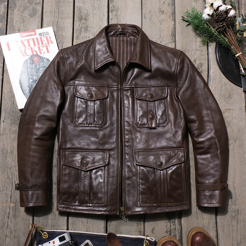 

Tailor Brando Italian Batik Horsehide Lapel Multi-pocket Safari Jacket Men's Genuine Leather Jacket