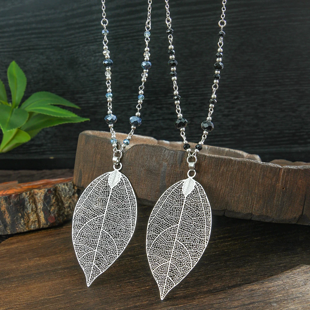 Boho Vintage Style Pendant Necklace Beading Geometric Hollow-out Leaves Shape Statement Long Sweater Chain Daily Wear Party