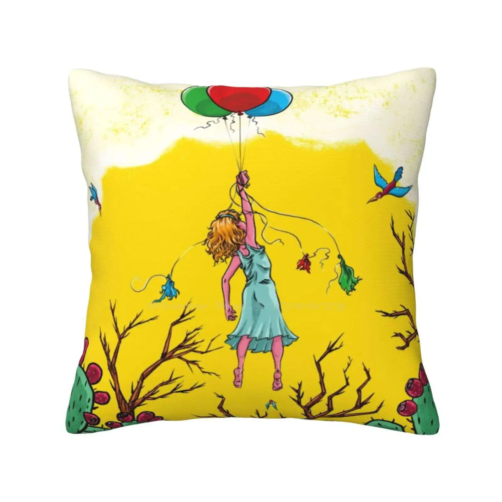 The Great Escape Throw Cushion Pillow Cover Child Girl Balloons Birds Trees Clouds Cactus Prickly Pears Expressionism