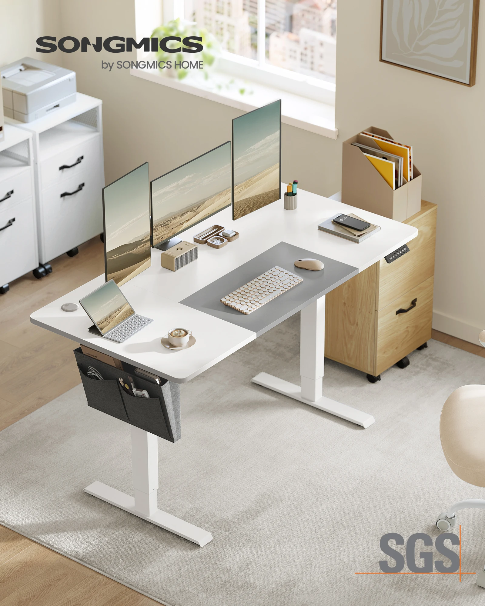 Bureau Électrique Réglable en Hauteur, 140 x 60 cm, Table Assis-Debout, Fonction Mémoire 4 Hauteurs, Blanc Nuage et Gris Tourterelle