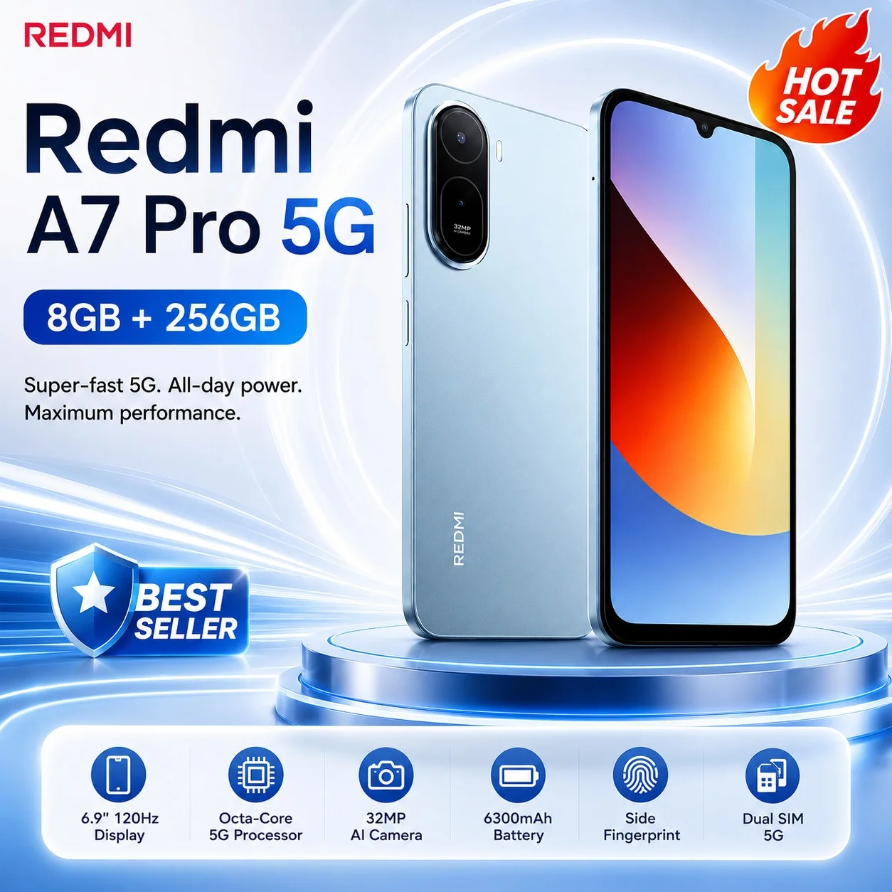New Redmi A7 Pro 5G Smartphone 8GB+256GB, Octa-Core 5G Processor, UFS 2.2, 120Hz Display, 6300mAh Battery, Dual 5G SIM, IP52