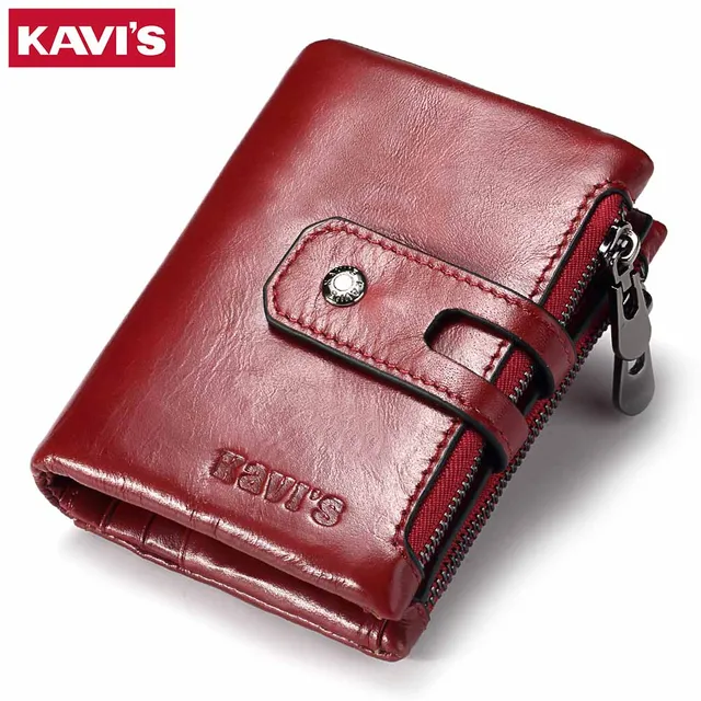 KAVIS portfele damskie RFID prawdziwej skóry Bifold etui na wiele kart zamek błyskawiczny mała kieszonka na monety moda czerwona damska portmonetka