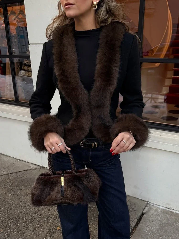 Women Black Faux Fur Trim Patchwork Cropped Jacket Long Sleeve Slim Fit Waist-cinching Coat New Winter New Trendy Casual Outfits