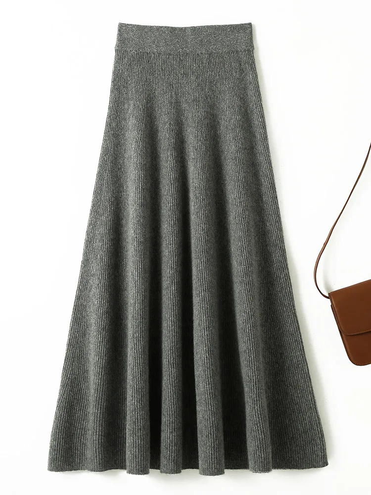 

Chic New Women 100% Merino Wool Knitted A Line Skirt Solid Color Autumn Winter High Waist Preppy Style Soft Wool Midi Skirt