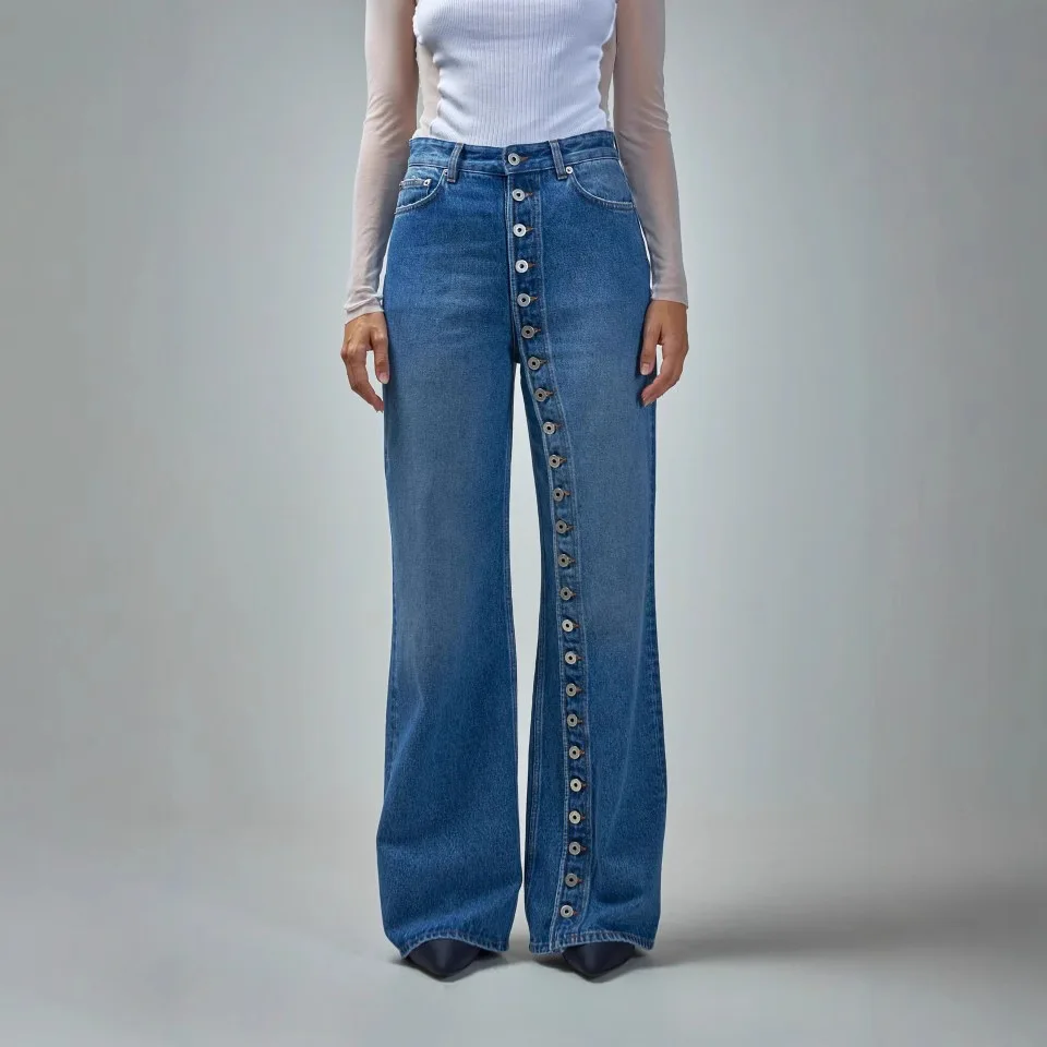 Retro Blue Straight Loose Jeans 2026 New Autumn Multi Buttons Design Slim Wide Leg Denim Pants Female Trousers Streetwear