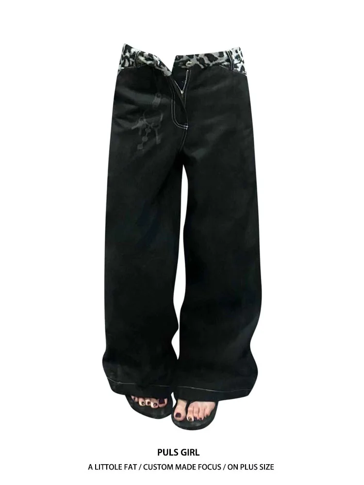 

Женские широкие джинсы в американском уличном стиле с леопардовым принтом, эффектом потертости и вставками на поясе, свободного кроя, больших размеров