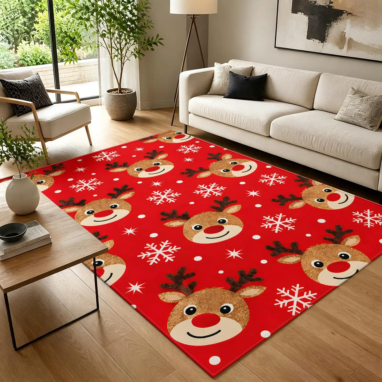1pc 2D Flat Cute Christmas Reindeer Snowflake Red Background Printed Floor Mat, Decorative Rug for Living Room, Bedroom, Home