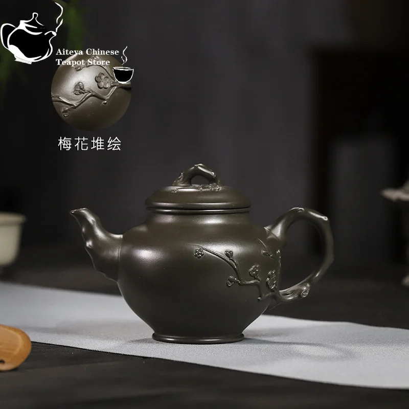 Yixing handmade purple clay teapot, jade, green purple clay, plum blossom, spring, one pot, two cups, Kung Fu tea set, teapot 32