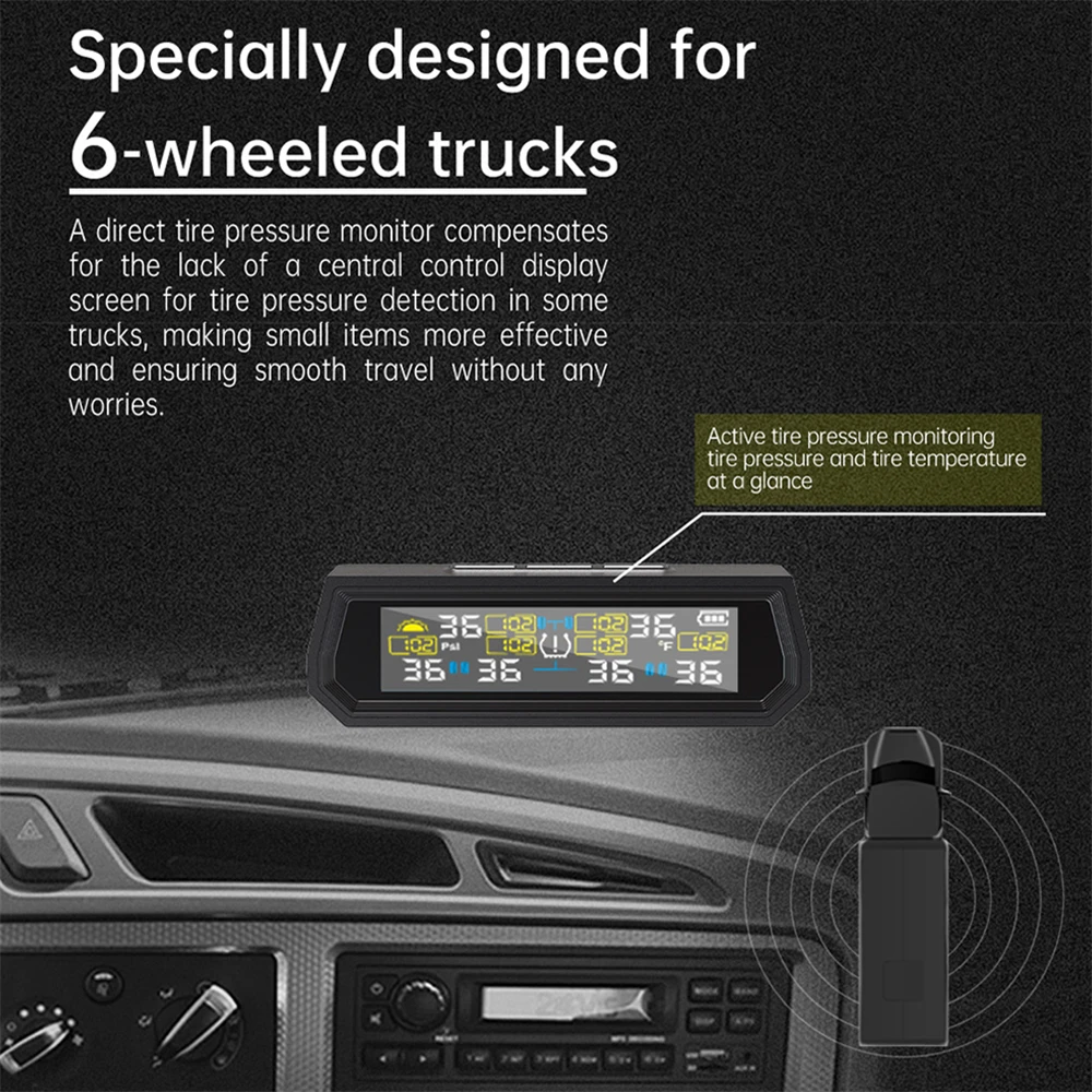 Sistema di monitoraggio della pressione dei pneumatici solare Allarme di sicurezza intelligente TPMS Monitoraggio della temperatura dei pneumatici Camion RV ad alta precisione con 6 sensori