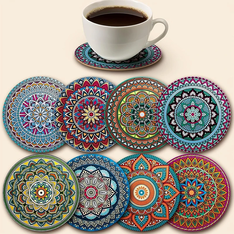 8 Pack Mandala Pattern Coaster Heat Resistant Non-Slip Cup Mats Anti-Scratch Table Protector Coaster Holders for Coffee Table