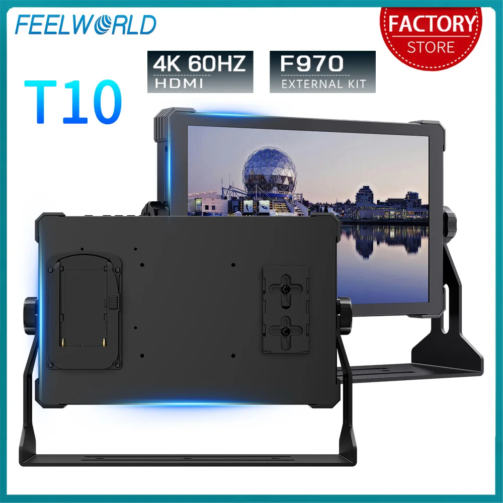 FEELWORLD T10 10.1 Inch Aluminium Camera Field DSLR Monitor Touchscreen Waveform HDR 3D LUT Out F970 Install and Power Kit