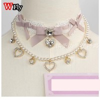 Lolita Subculture Y2K Hot Girl  Handmade bow Double layered pearl gemstone Neck Chain lace  Choker Jewelry Cecklace necklace