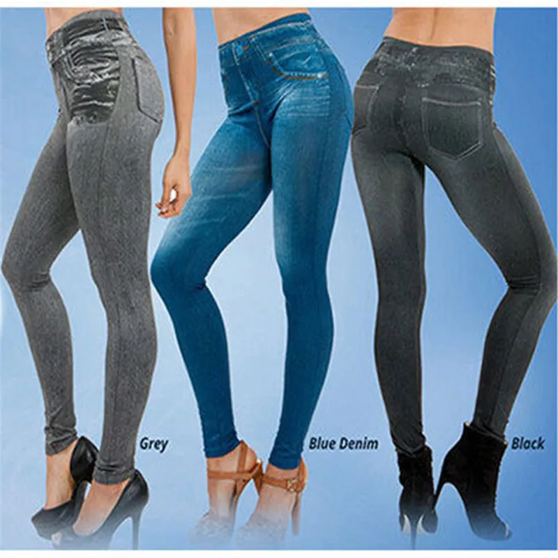 Mulheres jean leggings bolsos falsos cintura alta leggings falso denim jeans sexy elástico jeggings macio casual fino lápis calças