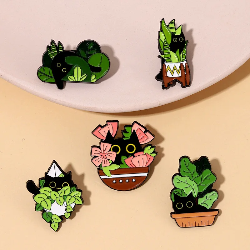 Cats in Plants Enamel Pins Custom Black Cat Potted Plant Brooches Lapel Badges Fun Animal Plant Jewelry Gift for Kids Friends