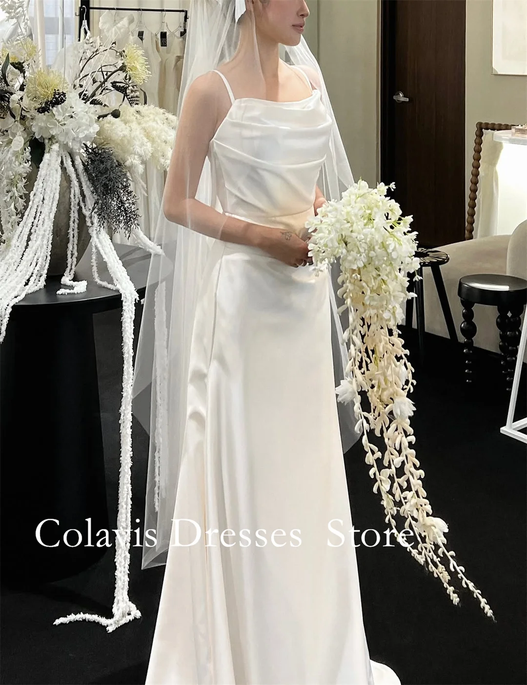 SONDR Customized Spaghetti Strap Cowl Neck Wedding Dress Satin Mermaid Bridal Gown Draped Ruched Bodice With Chapel Train