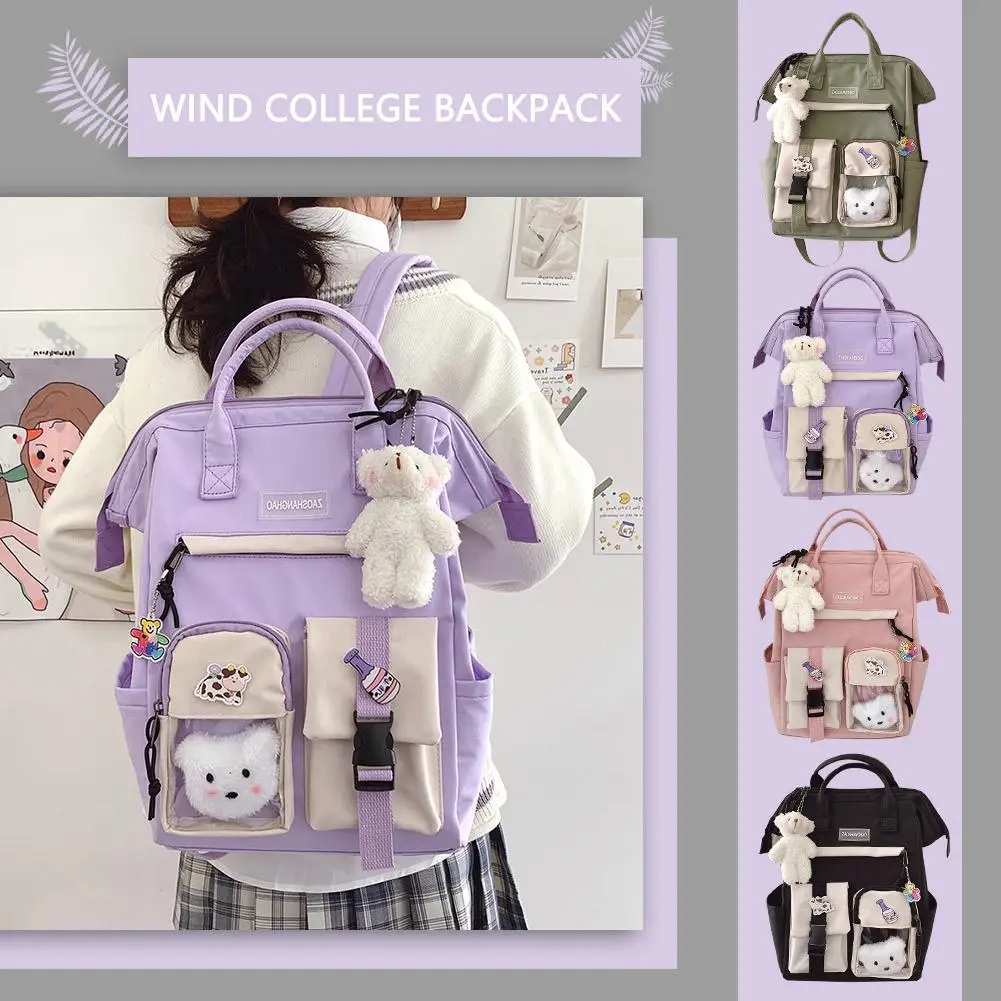 Nylon Travel Backpack Large Capacity Fashion Women Work Bookbags Casual Zipper Preppy Style Casual Backpack Cute with Badge Bear