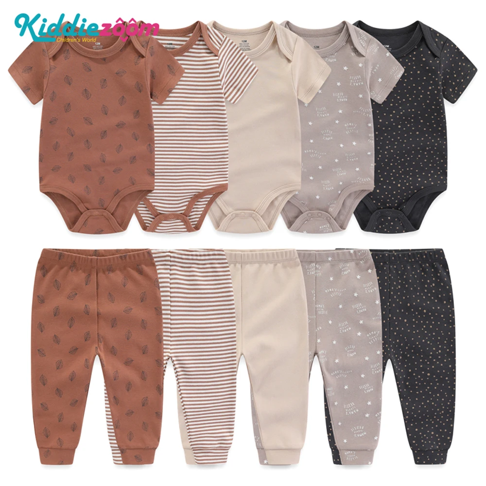 Kiddiezoom-Conjunto de roupas de bebê Four Seasons, calças e bodysuits recém-nascidos macios, roupa infantil, 10 peças por lote