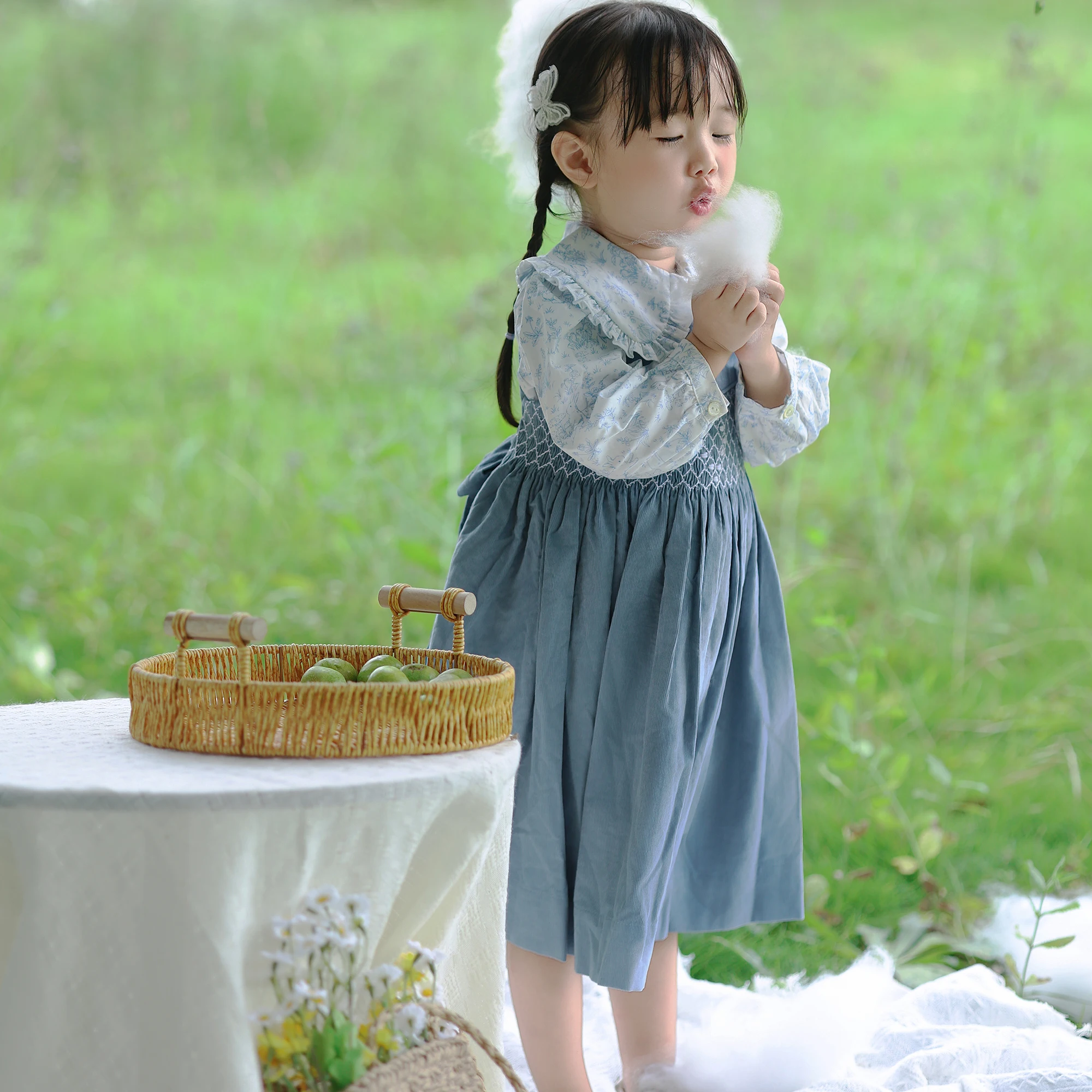 Girls Handmade Smocking 2Pcs Dress Set Blue Corduroy Vest Dress with White Long Sleeve Lapel Rabbit Print Shirt Outfit Clothing