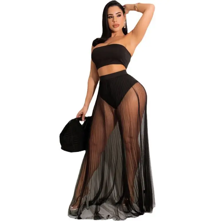 Women High Waist Mesh Skirts Crop Tops Set See Through Solid Transparent Chiffon Maxi Long Skirt Two Piece Suit Summer 2023
