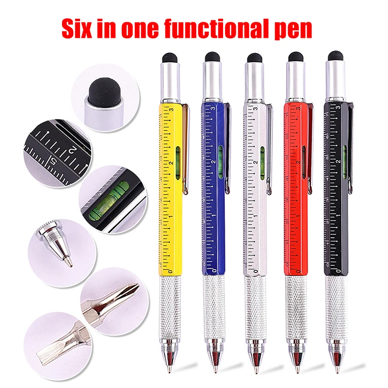 6 In 1 Metal Multi-function Ballpoint Pen Measure Technical Ruler Screwdriver Touch Screen Stylus Spirit Level Alloy Tool Pen