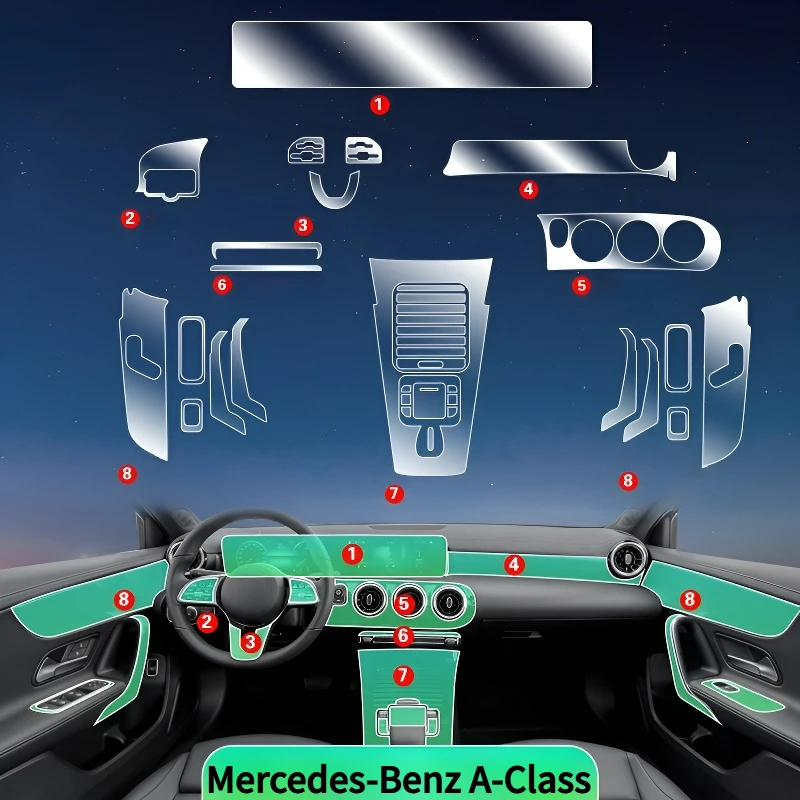 

Защитная пленка для приборной панели и мультимедийной навигации Mercedes-Benz A-Class (модели 2022-2024), прозрачная, устойчивая к царапинам, для тюнинга салона